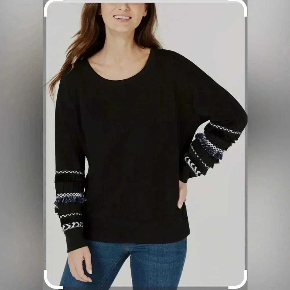 Style & Co Fringe Banded Sweatshirt Deep Black